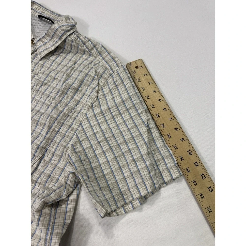 The North Face Men's XL Beige Blue Plaid Seersucker Button Shirt Hiking Outdoor